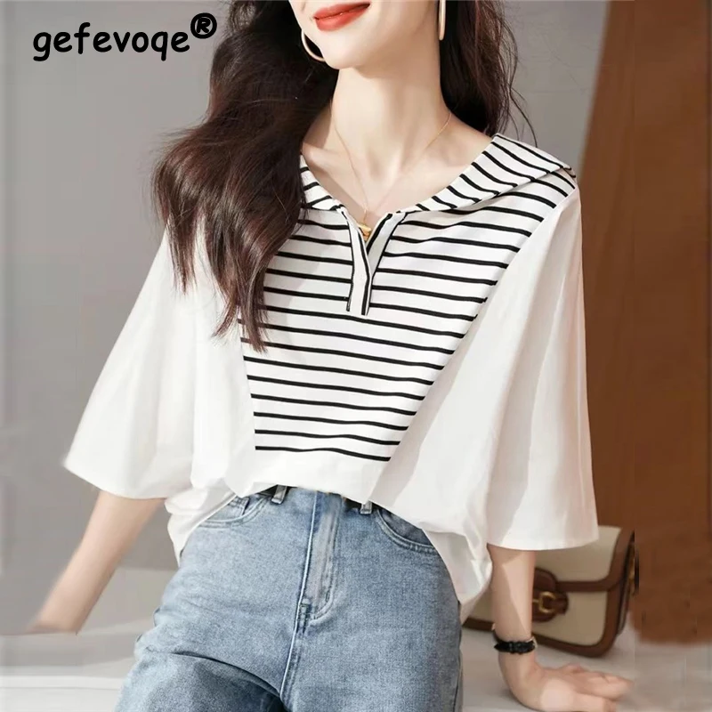 

Women Summer Fashion Sailor Collar Striped Printed Patchwork Short Sleeve Loose Blouses Tops Casual Sweet Street Shirts Clothing