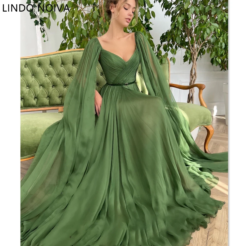 

Fairy Green A-line Prom Dress With Shawl 100D Chiffon Party Dress With Belt Sweep Train Evening Dresses Vestidos De Noche