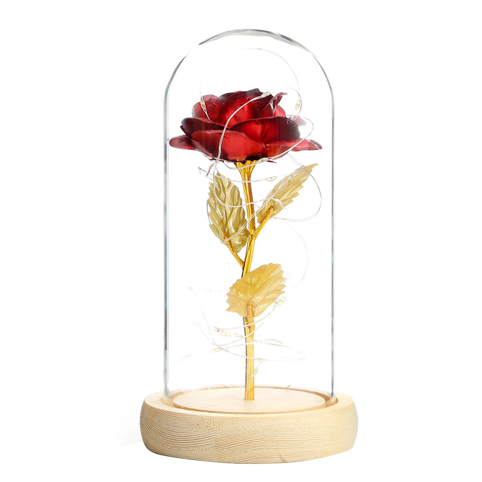 

Artificial Flower Red Rose Preserved Rose in Glass Dome with LED Light for Romantic Gifts Valentine's Day