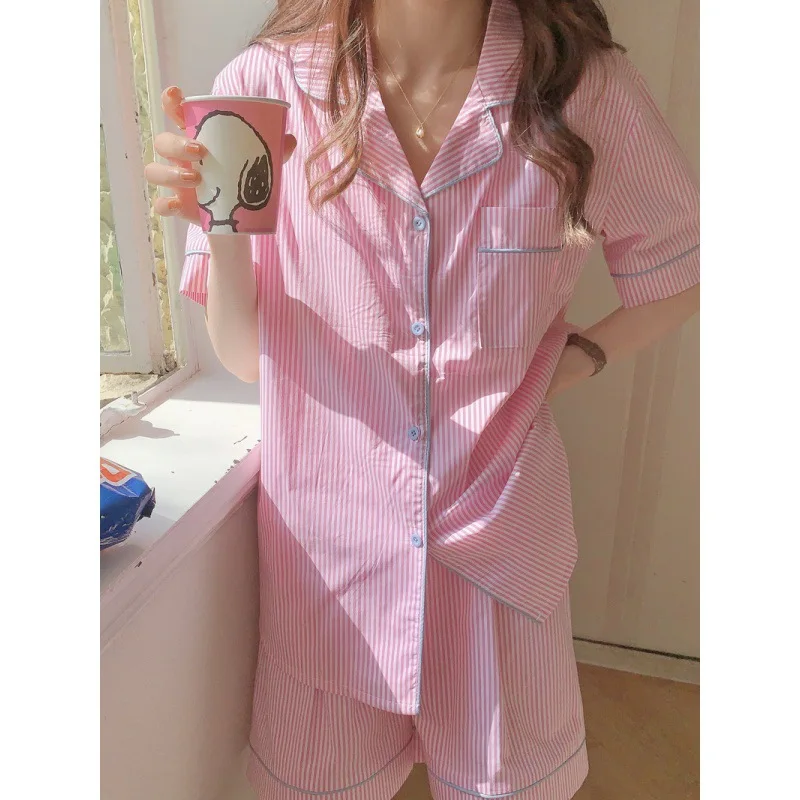 

New Summer Striped Pink Pajama Set Short Sleeved Shorts Cute Lapel Shirt Pure Cotton High-quality Elastic Kawaii soft Sleepwear