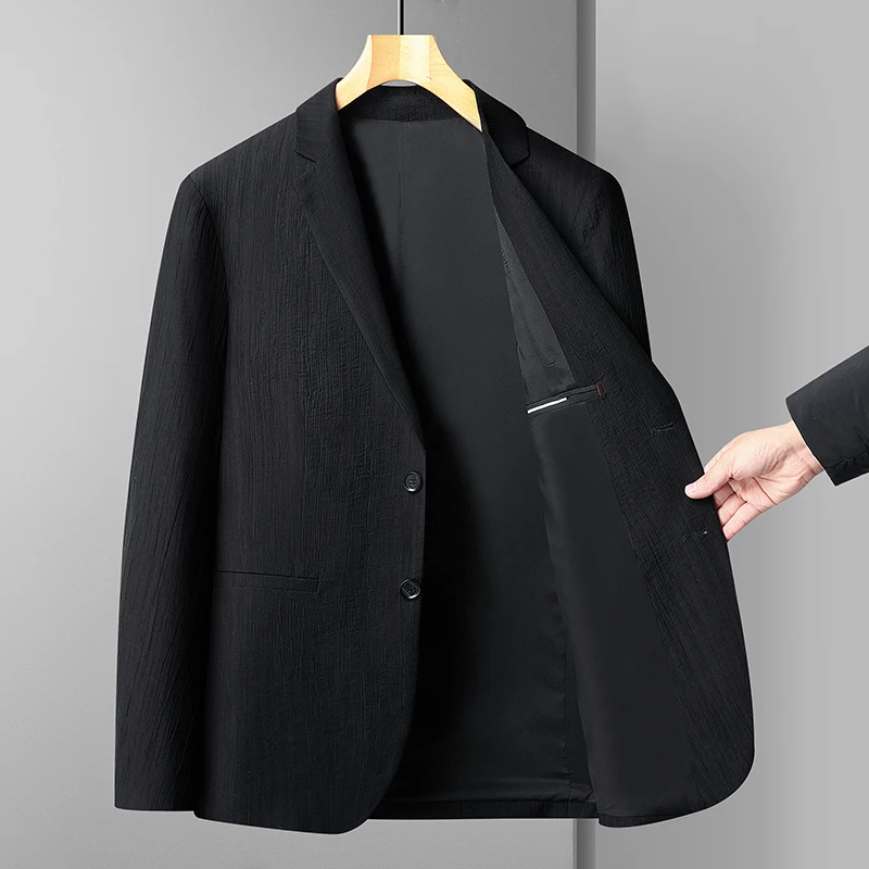 

Korean Style Men Black Blazers Thin Lyocell Nylon Blend Fabric Suit Jackets Male Smart Casual Outfits Lightweight Office Wear