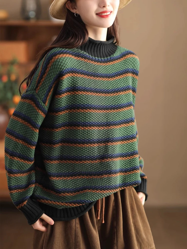 

2024 Новое поступление Модные полосатые вязаные пуловеры Топы Мягкий теплый с длинным рукавом разноцветный Повседневный свободный женский свитер