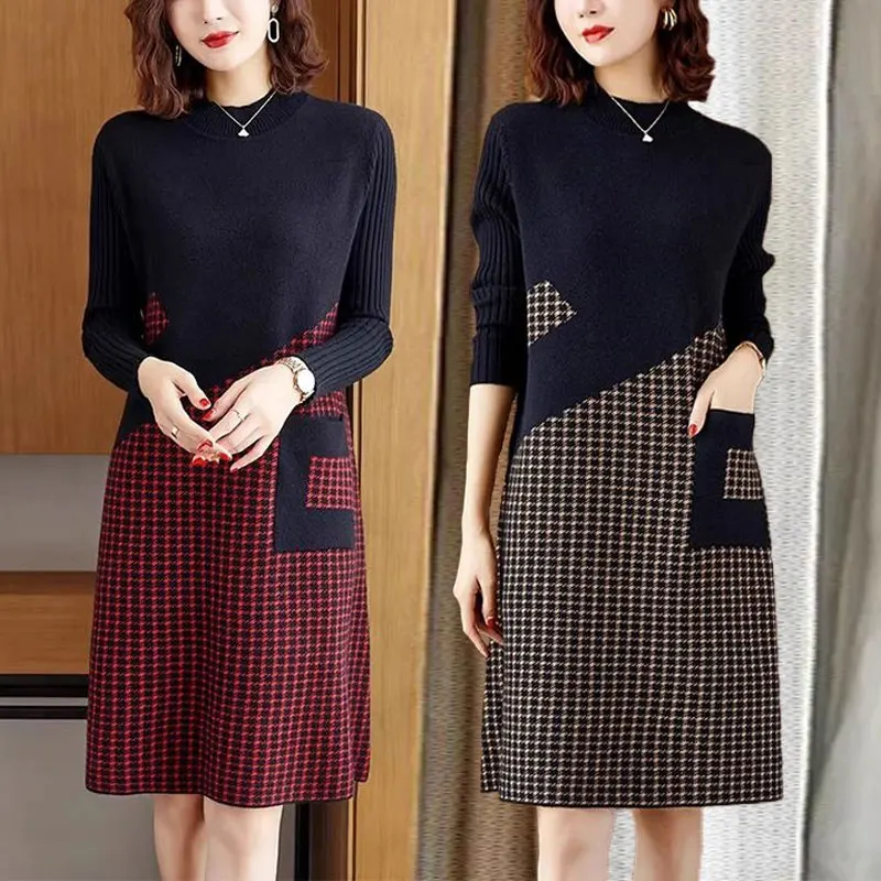 

Casual Houndstooth Spliced Midi Dress Women's Clothing Pockets Chic Asymmetrical Autumn Winter Half High Collar Knitted Dresses