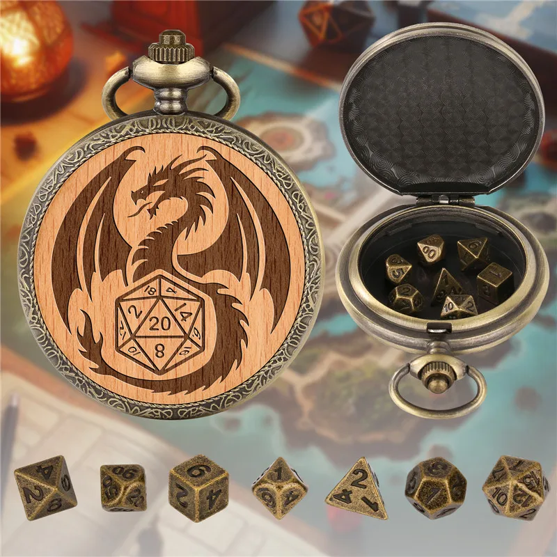 

Vintage 7Pcs/set Metal Polyhedral Dices Entertainment Role Play Gaming Dice with Engraved Wood Dragon Pocket Watch Case Chain