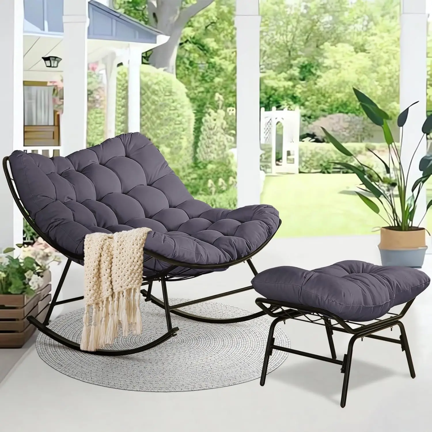 Patio Rocking Papasan Chair, Outdoor & Indoor Egg Reading Recliner Chair, Royal Comfy Lounge Rocker with Cushion and Ottoman
Patio Rocking Papasan Chair, Outdoor & Indoor Egg Reading Recliner Chair, Royal Comfy Lounge Rocker with Cushion and Ottoman