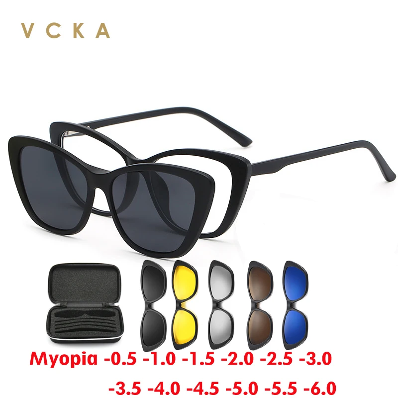 

VCKA 6 In 1 Cat Eye Myopia Sunglasses Polarized Magnetic Clip Prescription Glasses Frames Men Women Fashion Optical -0.5 TO -10