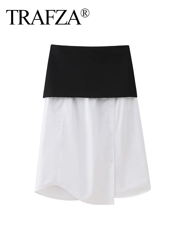 

TRAFZA 2024 Woman Casual Black White Patchwork Slit Hem Midi Skirt Women Elegant Chic Asymmetric High Waisted Zipper Long Skirt