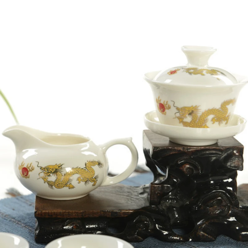 

2023 High-grade Golden Dragon Milky White Jade Porcelain Ceramic Kung Fu Tea Set Cup Bone China Drinkware Gift Packaging