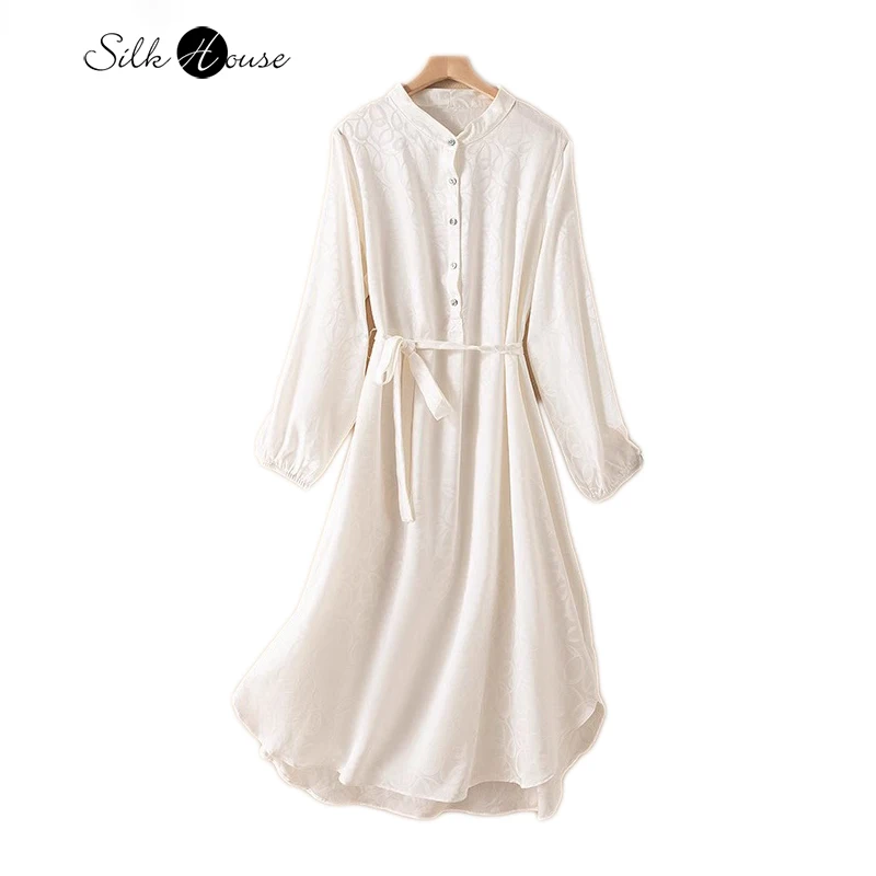 

2024 Women's New Luxury 22MM 93% Natural Mulberry Silk Elastic Jacquard Sangbo Satin Long Sleeved Standing Neck White Dress
