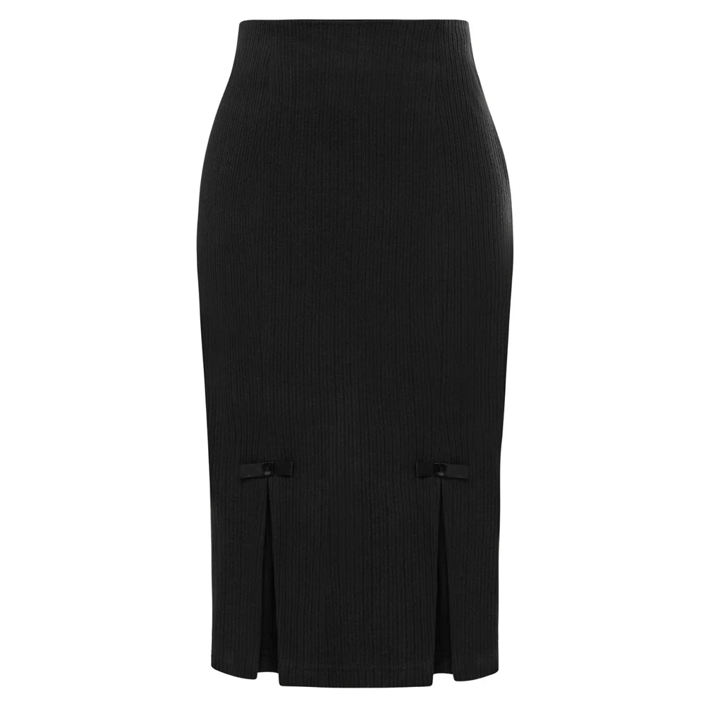 

BP Women Vintage Corduroy Skirt High Waist Below Knee Bodycon Skirt Office Lady Stretchy Pencil Skirt With Bow-Knot Workwear