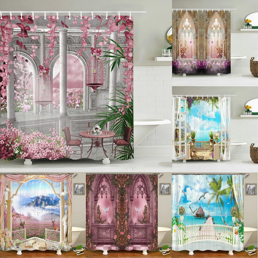 

Водонепроницаемая занавеска для душа, 3d-занавеска из полиэстера в европейском стиле, с изогнутым цветочным принтом, для ванной комнаты, декоративный экран