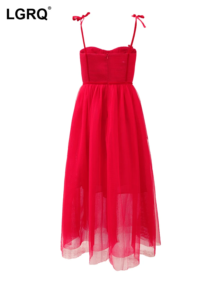 

LGRQ Fashion Women's Strapless Dress Lace-up Backless 3D Cherry Waist Retraction Spliced Mesh Dresses Summer 2024 New 36A1509