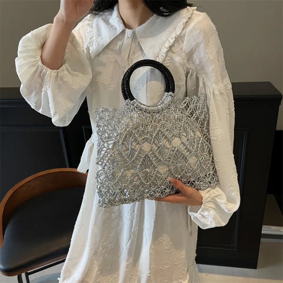 Luxury Woven Round Handle Bag - Designer Eco-Friendly Hollow-Out Handbag 11 S8ec1f6e2f1184df9a6ae9c7cbb48c53eB