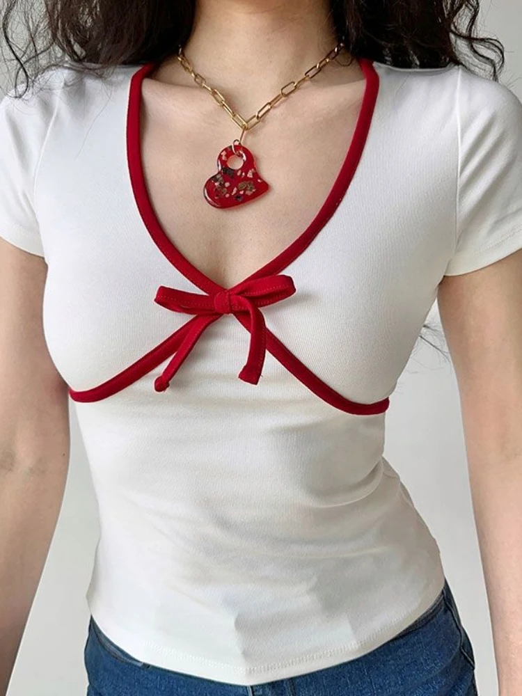 HOUZHOU Vintage Sexy Coquette T Shirts Women Korean Style Kawaii Sweet Bow Patchwork V-neck Slim Tees Tops Design Suumer 2024
HOUZHOU Vintage Sexy Coquette T Shirts Women Korean Style Kawaii Sweet Bow Patchwork V-neck Slim Tees Tops Design Suumer 2024