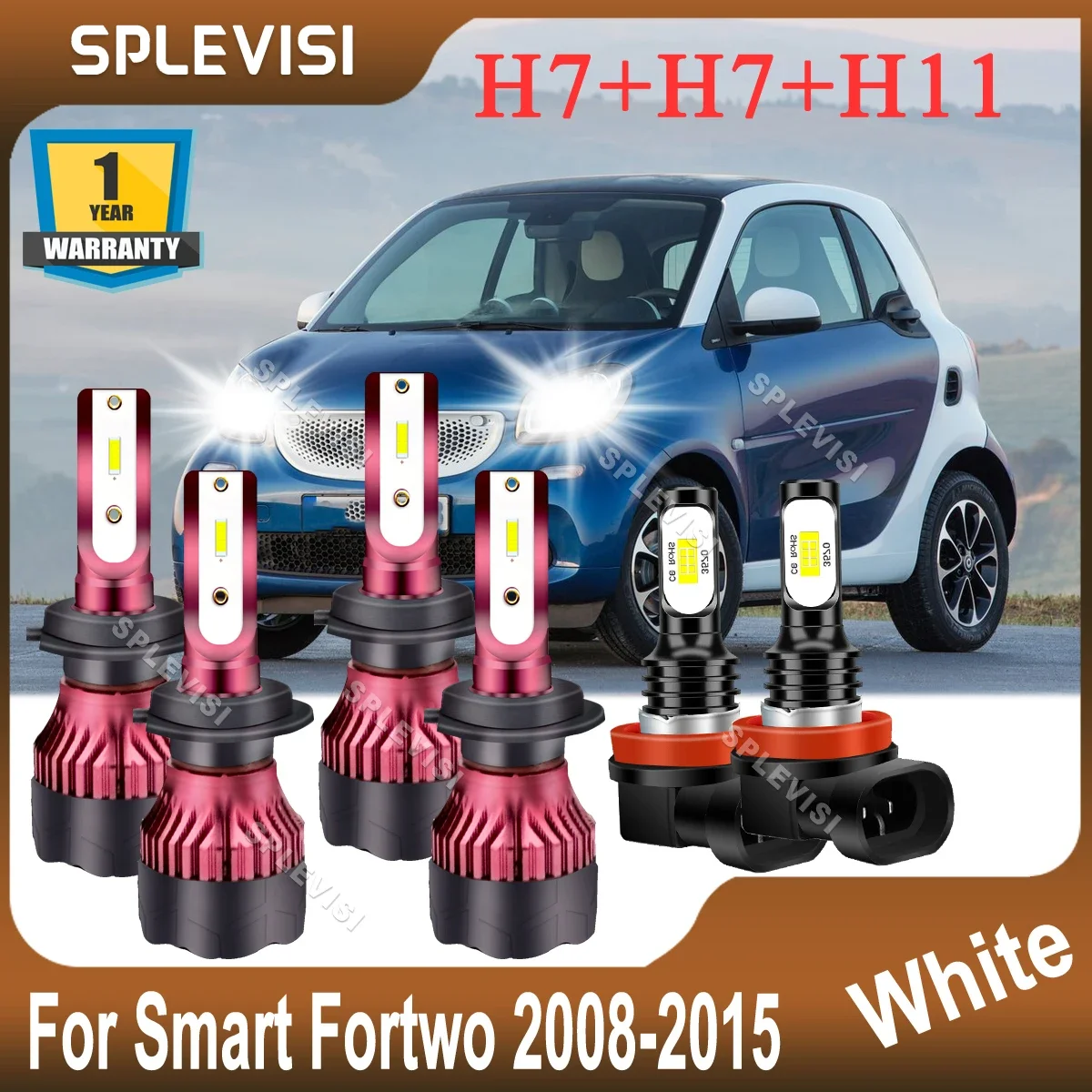 

4X H7 High Low Beam 2x H11 Foglight Kit LED Headlights 6000K White For Smart Fortwo 2008 2009 2010 2011 2012 2013 2014 2015