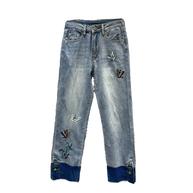 

2024 Spring New Chinese Style Butterfly Embroidery Washed Gradient Cropped Straight Jeans Women's Fashion Blue Denim Pants