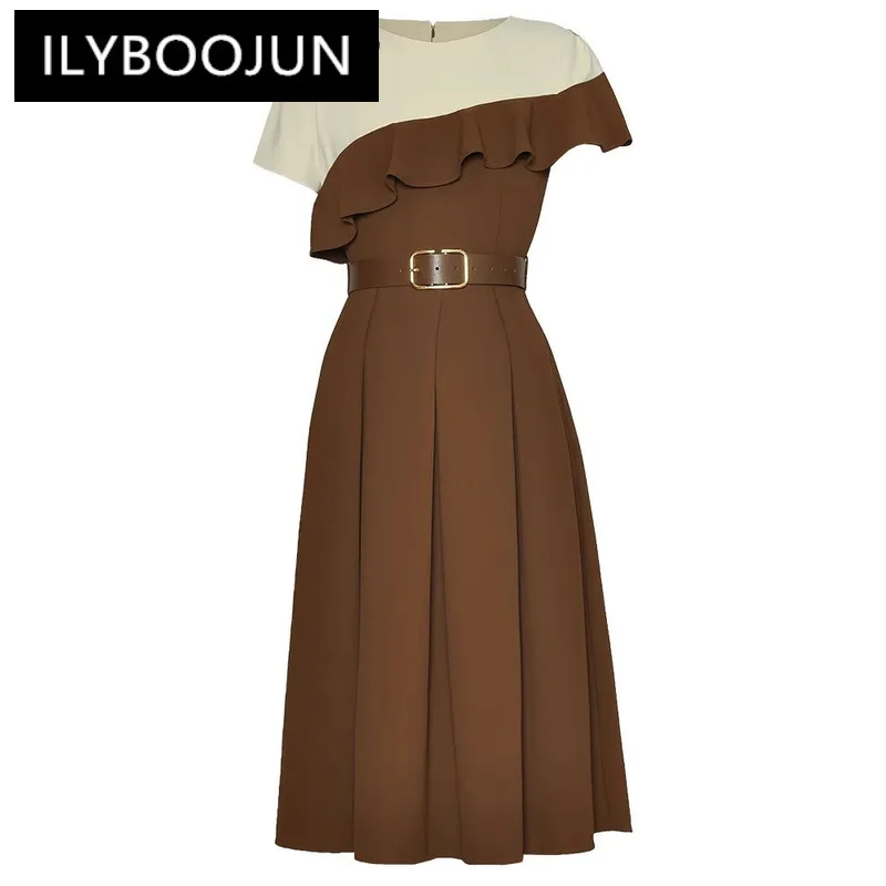 

ILYBOOJUN Fashion Runway Summer New Dress Women O Neck Ruffled Tie-belted Short Sleeves Temperament Big Swing Midi Dress