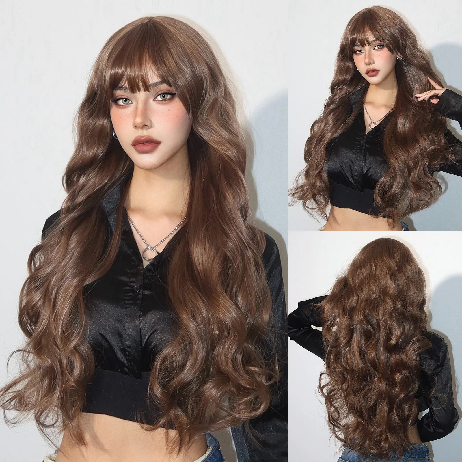 

Длинные натуральные коричневые синтетические вьющиеся волнистые парики с пушистой челкой для женщин корейские волнистые волосы ежедневный Косплей вечерние термостойкий парик