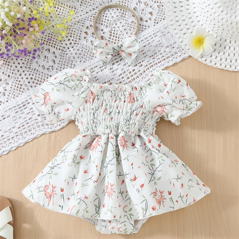 

Tregren 0-18M Infant Baby Girls Rompers Dress Summer Floral Print Short Sleeve Ruched Skirt Hem Infant Bodysuits with Headband