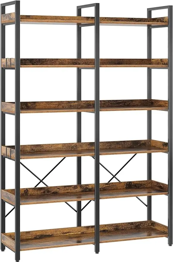 

Seventable Bookshelf 6 Tier with 4 Hooks, 69” Industrial Wooden Bookcase, Vintage Storage Rack with Open Shelves