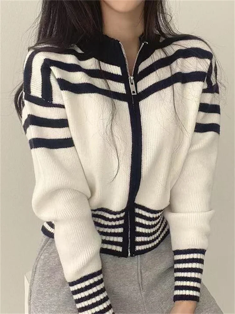 

Vintage Striped Cardigans Women Autumn Winter Long Sleeve Knitted Sweater Female Korean Fashion Harajuku Zipper Short Knitwears