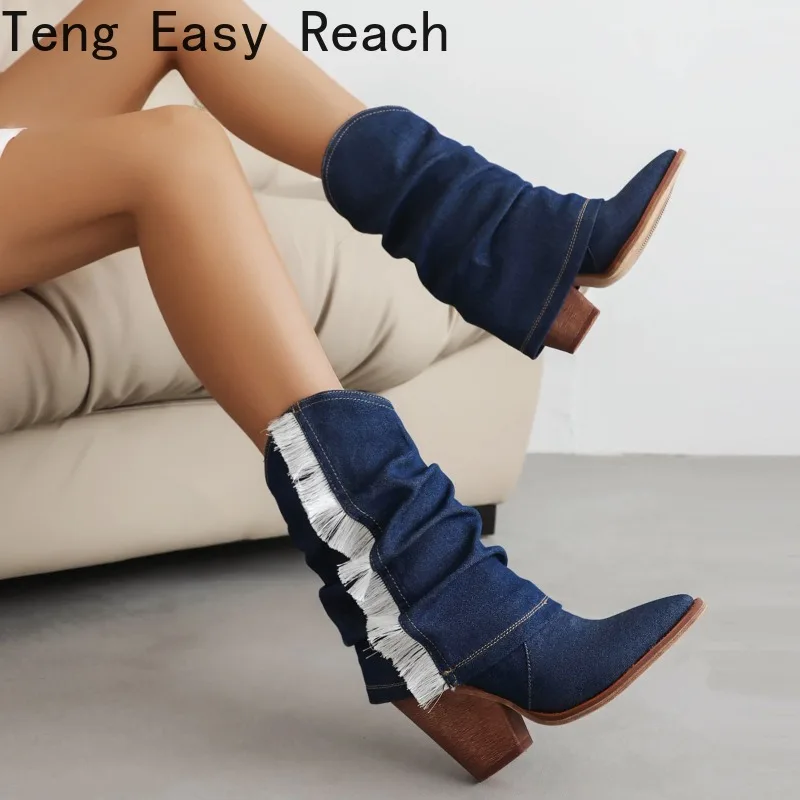 

Women's Blue Cowboy Western Boots Fashion Women's Match Color Wedge Heel High Western Cowboy Ankle Boots 2024 New Fall/Winter