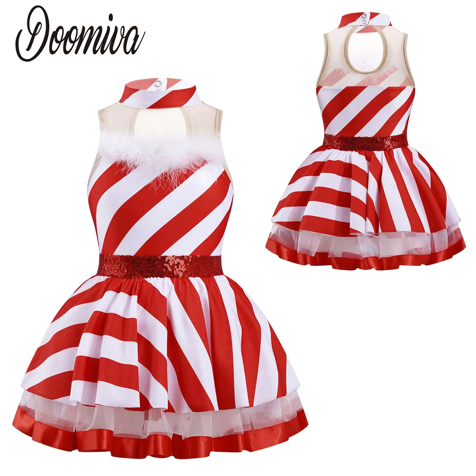 

Kids Girls Candy Cane Striped Sequins Tutu Dress Christmas Dance Costume Skating Ballet Dress Mrs Santa Elf Cosplay Clothes