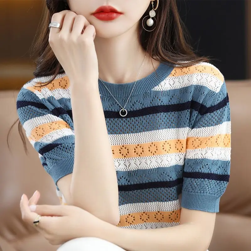 Fashion Spring Summer Slim Knitting T-Shirts Women O-Neck Short Sleeve Korean Striped T Shirt Female Casual Solid Tops S108
Fashion Spring Summer Slim Knitting T-Shirts Women O-Neck Short Sleeve Korean Striped T Shirt Female Casual Solid Tops S108