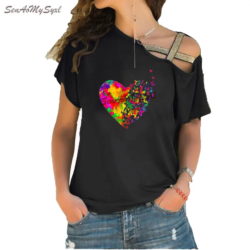 Lovely heart Print Funny Tee shirt Summer Women Short sleeve Loose Irregular Skew Cross Bandage Top Tee
Lovely heart Print Funny Tee shirt Summer Women Short sleeve Loose Irregular Skew Cross Bandage Top Tee