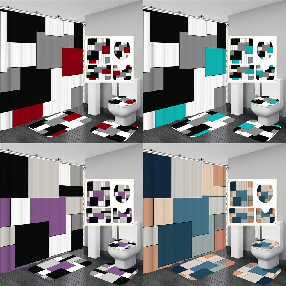 Geometric Blue Shower Curtain Set Non-Slip Rug Toilet Lid Cover Bath Mat Black Gray Bathroom Decor Set Waterproof Shower Curtain
Geometric Blue Shower Curtain Set Non-Slip Rug Toilet Lid Cover Bath Mat Black Gray Bathroom Decor Set Waterproof Shower Curtain