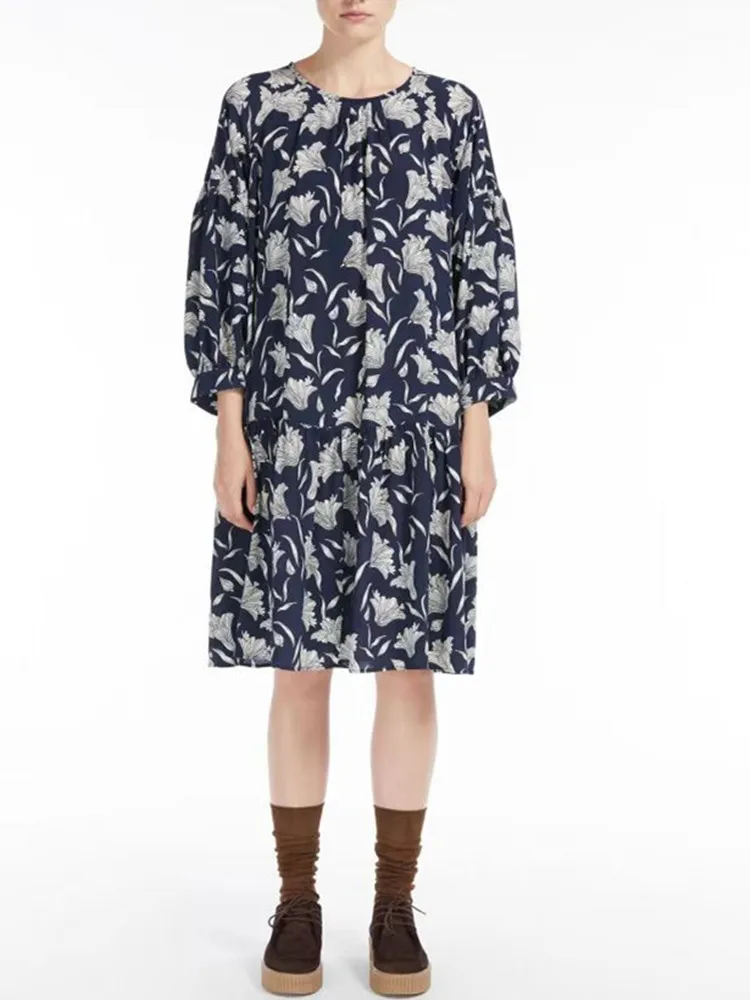 Spring Autum Women Loose Vintage 100% Silk Dress Floral Print Lantern Sleeve Ladies Round Neck Lace-Up Robesn
Spring Autum Women Loose Vintage 100% Silk Dress Floral Print Lantern Sleeve Ladies Round Neck Lace-Up Robesn