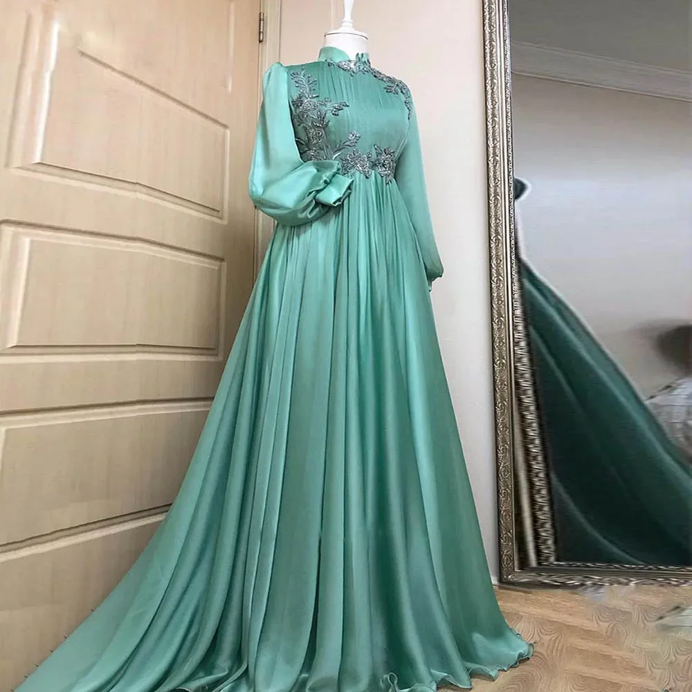 

2024 Green Moroccan Evening Dresses with Puffy Sleeve Bead A Line Muslim Prom Gown Pleat Caftan Womens Formal Vestidos De Fiesta
