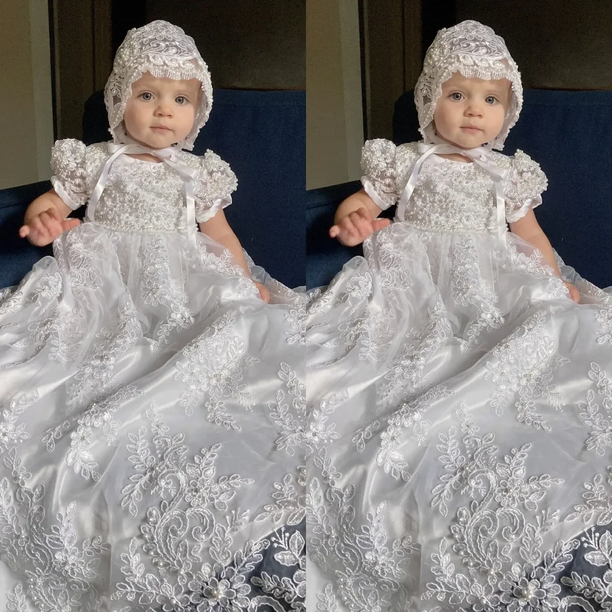 

Lace Christening Gown for Baby Short Sleeve First Communion Dress Infant Toddler Girls Baptism Dresses With Bonnet