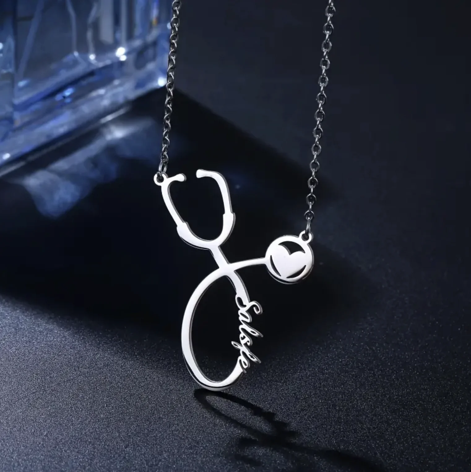 

Панк персонализированный стетоскоп сердце подвеска имя ожерелье под заказ для женщин цепь до ключиц табличка ювелирные изделия подарок на день рождения
