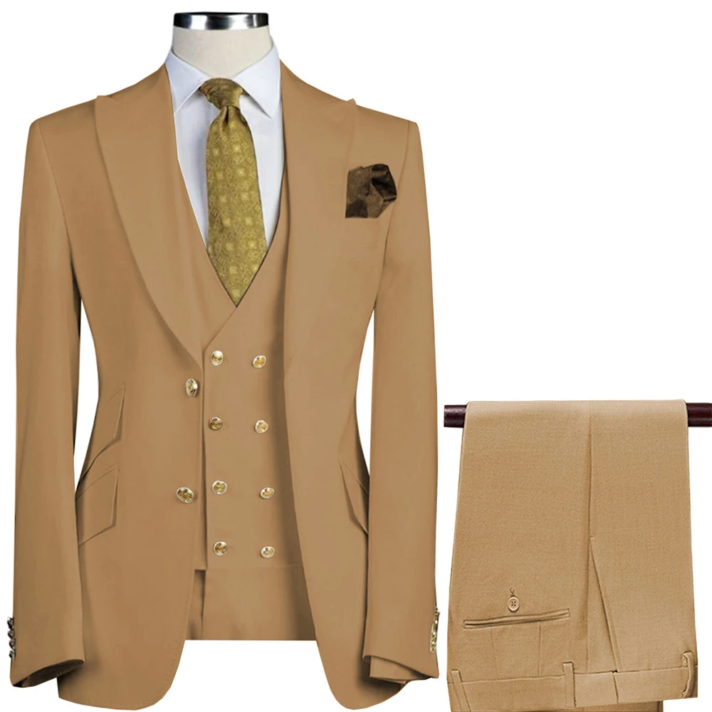 

New Khaki Men's Suit Slim 3 Pieces Jacket Vest With Pants Fit Casual Business Banquet Dress Wedding Groom Set Costume Homme 2024