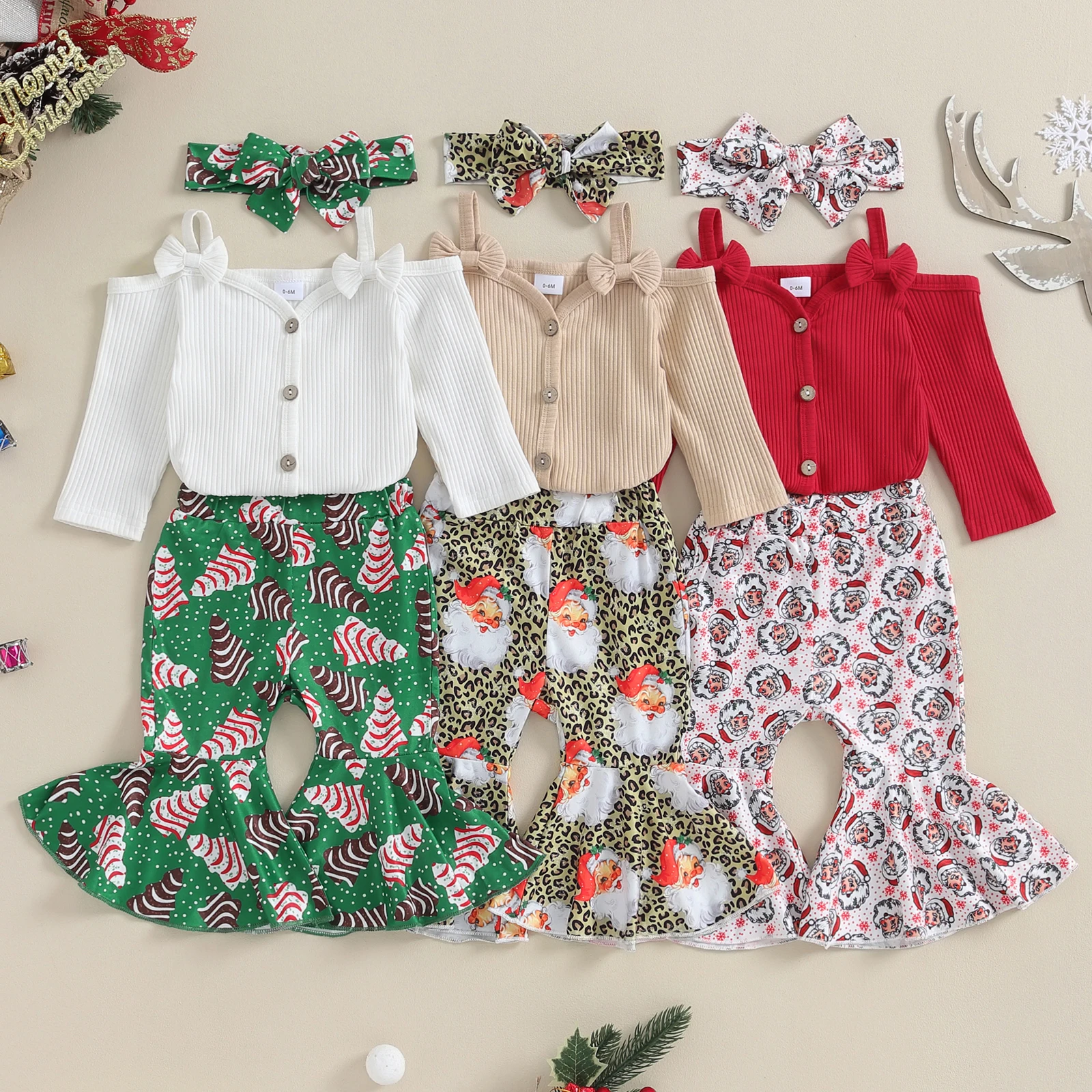 

Tregren 0-24M Newborn Baby Girls Christmas Outfits Cold Shoulder Ribbed Romper and Print Flared Pants Headband Set Fall Clothes