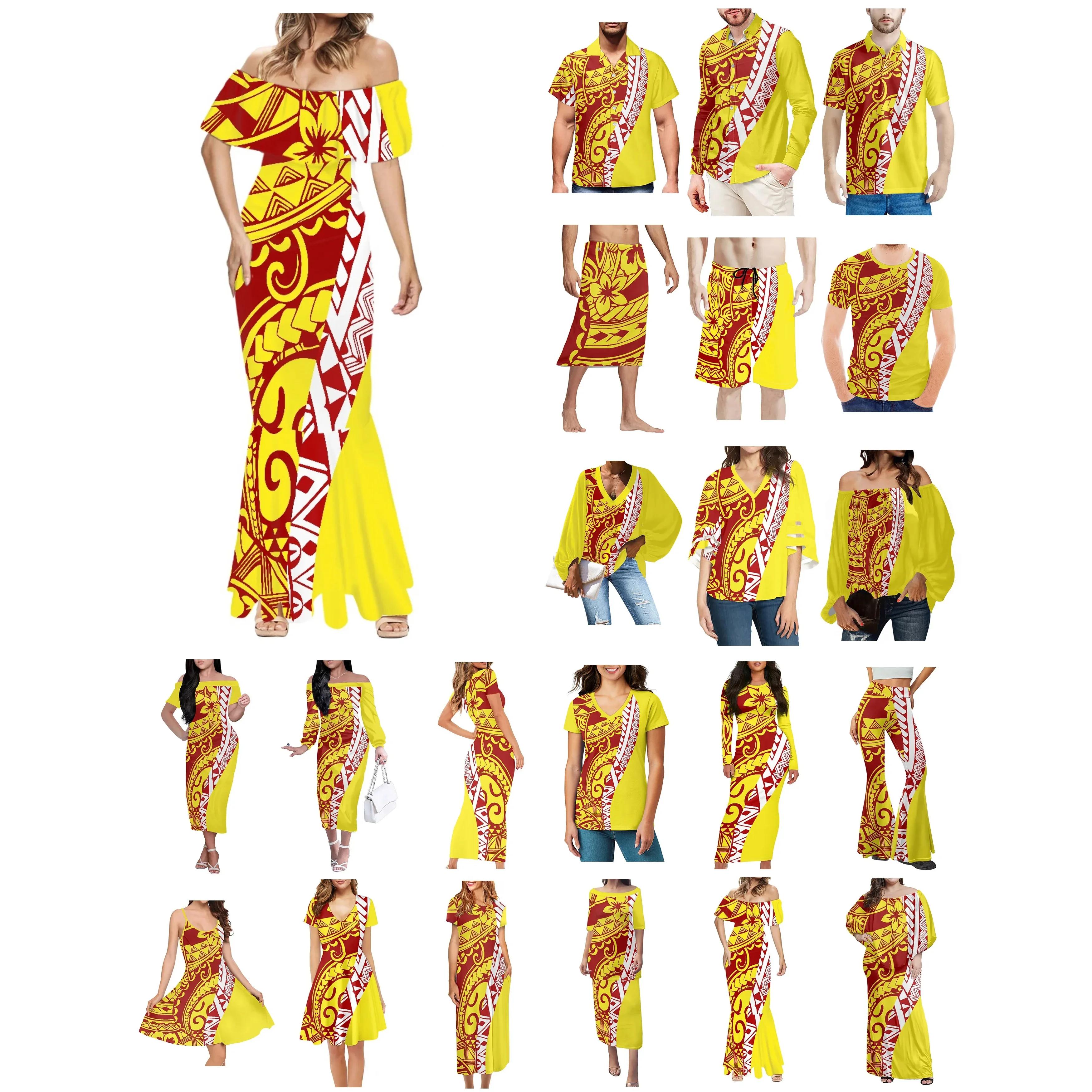 

Polynesian Tonga Hawaii Fiji Guam Samoa Pohnpei Tribal Tattoo Prints Clothes Women Dress Matching Men Shirt Yellow Lovers Wear