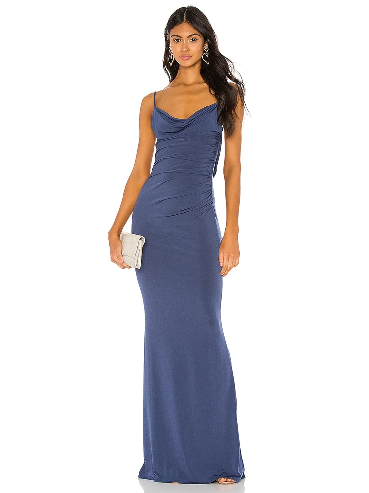

Сексуальное Кружевное длинное платье без рукавов с открытой спиной, женское синее облегающее платье-макси на бретельках со складками, Коктейльные Вечерние Клубные платья