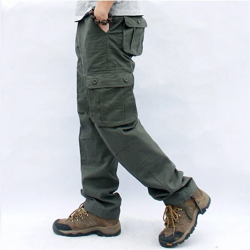 

Мужские рабочие комбинезоны в стиле милитари, свободные прямые тактические брюки, Мешковатые повседневные хлопковые армейские брюки-Слаксы со множеством карманов