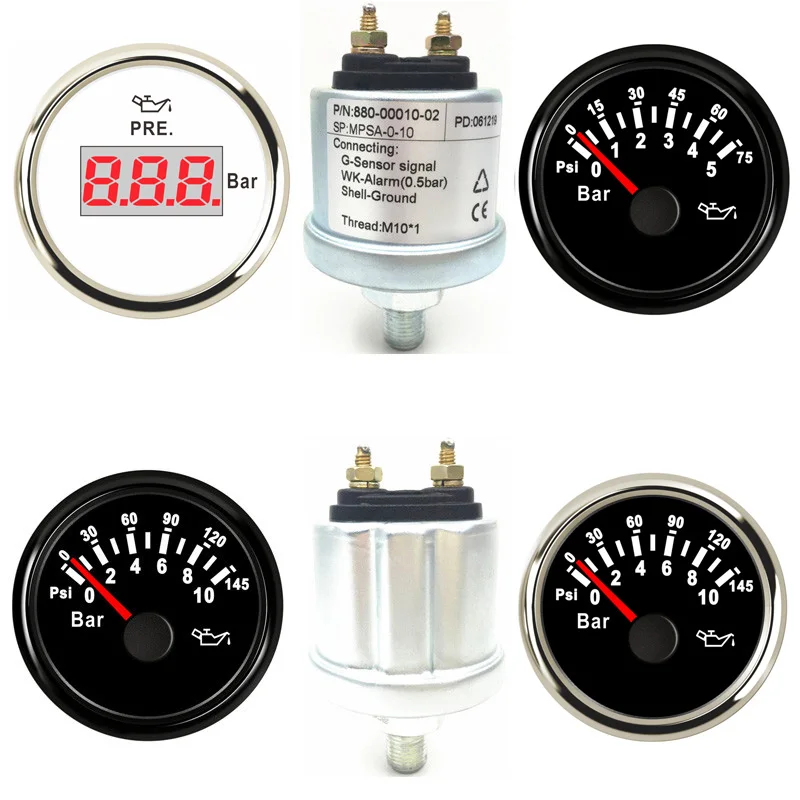 Auto 52mm Oil Pressure Gauges 0-5bar 0-10bar Display 10-184ohm Oil Pressure Meters Sensors M10x1 NPT18 for Boat Yacht Bus Truck
Auto 52mm Oil Pressure Gauges 0-5bar 0-10bar Display 10-184ohm Oil Pressure Meters Sensors M10x1 NPT18 for Boat Yacht Bus Truck