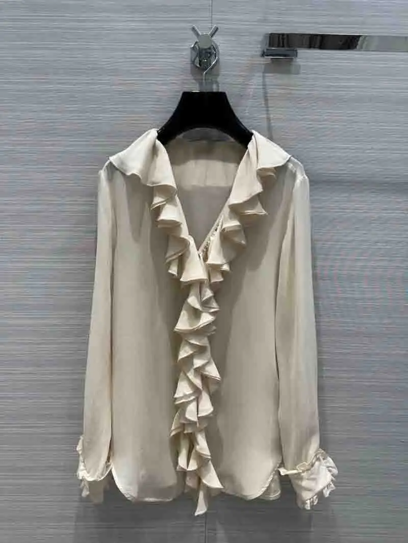 

Girl style women's shirt fashion trend, sweet and age reducing, sexy ruffled V-neck long sleeved silk shirt looks slimming