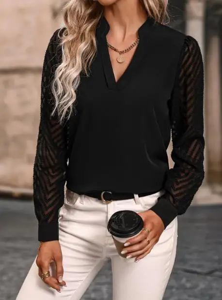 

Chiffon Solid Color Shirt Spring/Autumn 2023 Fashion New Product Women's Spliced Long Sleeve V-shaped Collar Button Design Shirt