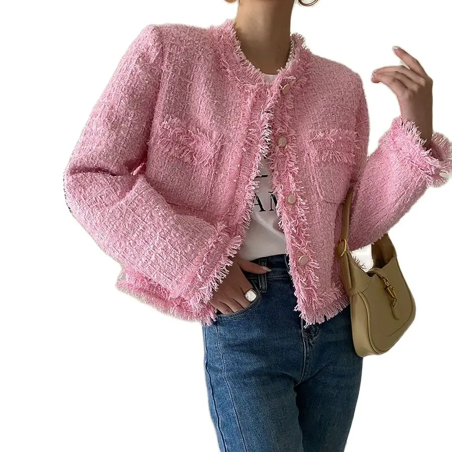 

New Arrival Fall Spring Pink Sweet Luxury Tweed Chain Design Jacket Women's Woollen Coats Elegant Slim Causal Outerwear Casacos