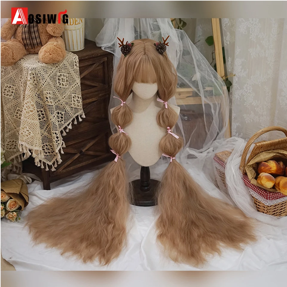 

AOSI Synthetic Long Curly Cosplay Wig With Bang Light Flax brown Cute Lolita Wig Women Wigs Halloween Cosplay Wig Female