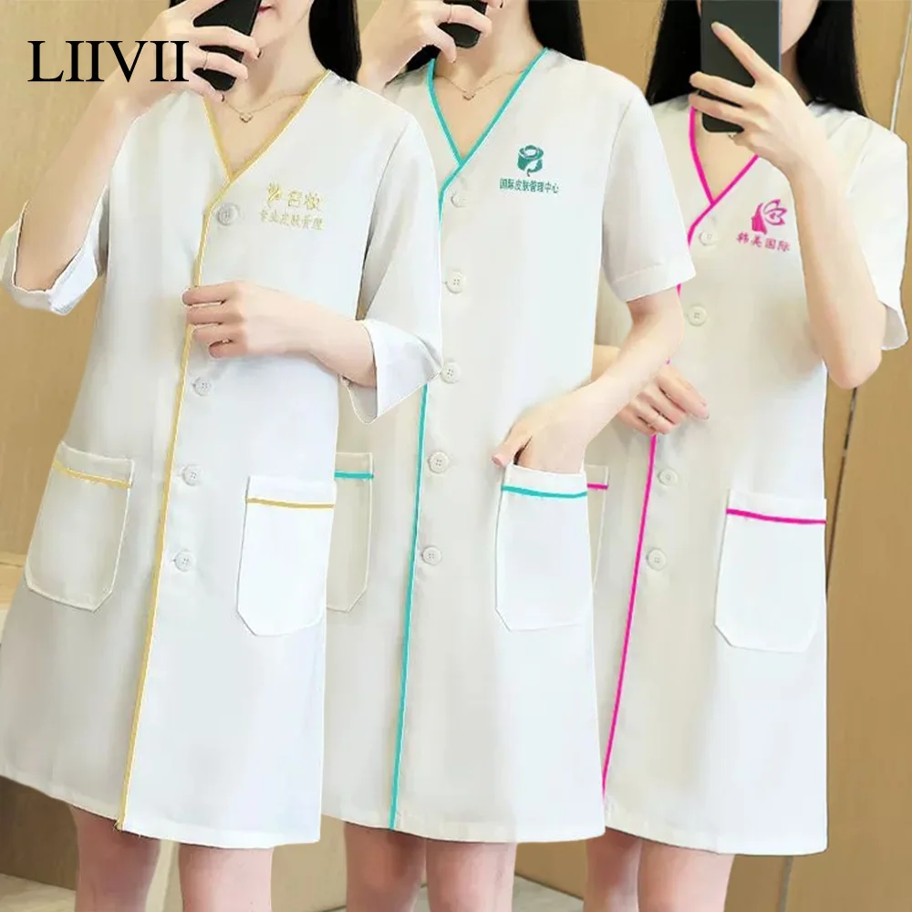 

White Black Short Beauty Dress Spa Uniform Scrub Tops Nurse Doctor Plus Size Surgery Clothes Salon Lab Coat Beautician Tops xxxl