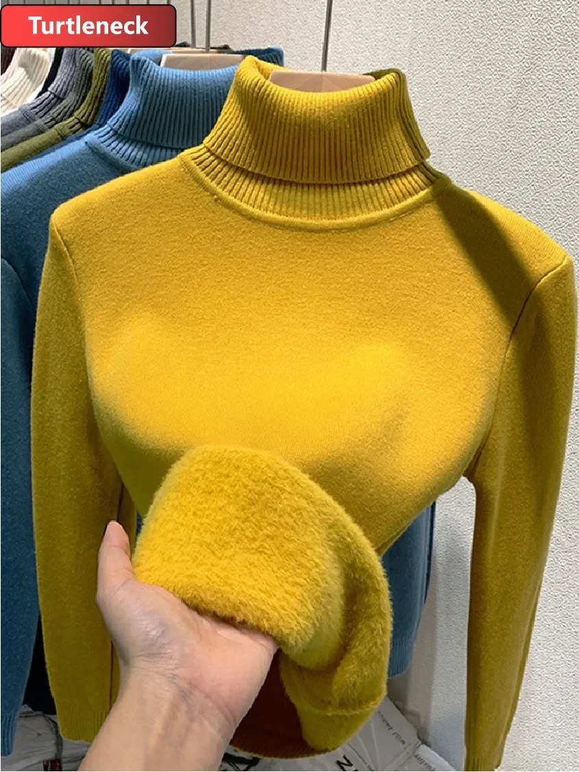 

Korean Half Turtleneck Winter Warm Sweater Pullover Women Slim Thicken Plush Velvet Lined Knitwear Jumper Poleras Soft Knit Tops