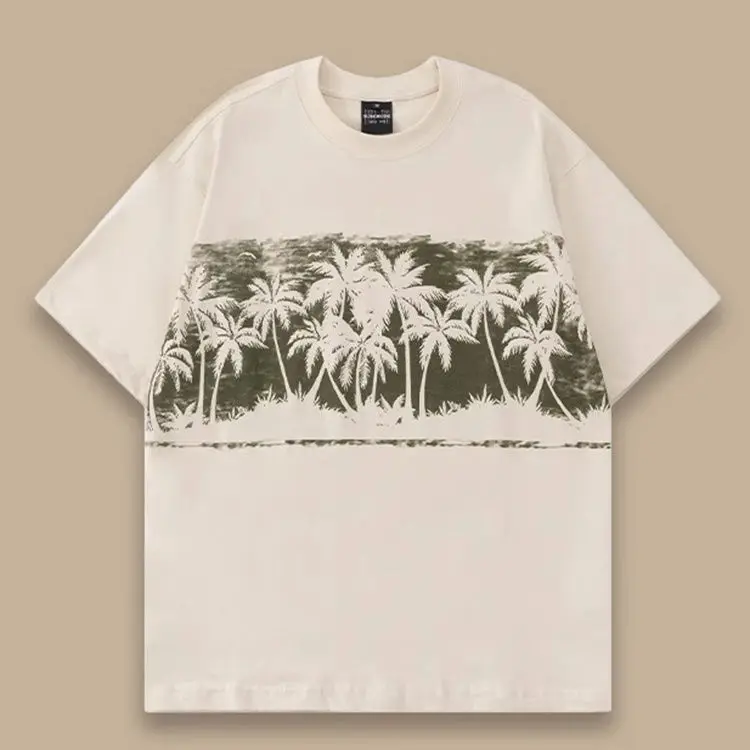 

Korean beach coconut grove summer trendy coconut tree print oversize short-sleeved men loose and versatile couple niche T-shirt