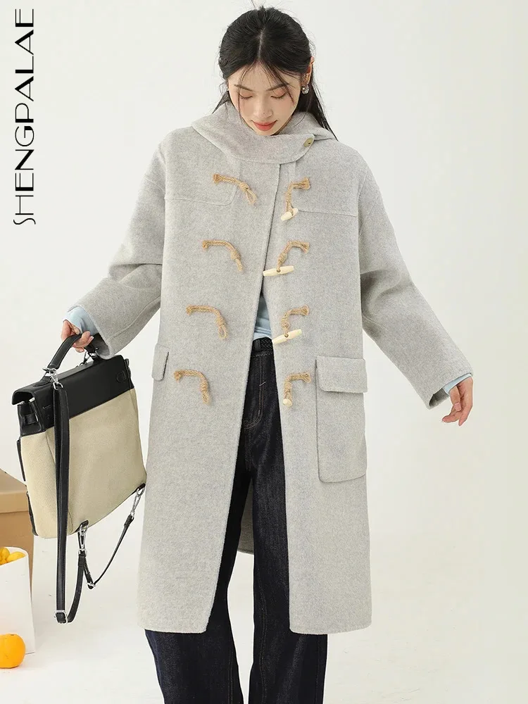 

SHENGPALAE Hemp Rope Horn Button Woolen Coat For Women Fashion Hooded Solid Color Mid Calf Blends Jacket Winter 2023 New 5R8590