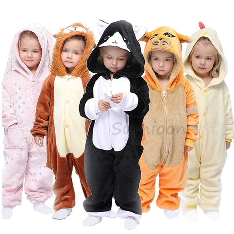 

Зимние фланелевые пижамы для мальчиков и девочек, детские комбинезоны, детские пижамы-кигуруми в виде единорога, кота, Льва, оленя, панды, детские пижамы