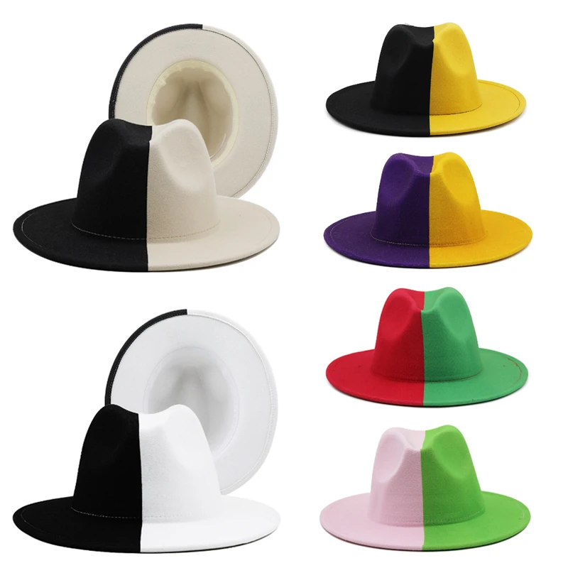 

2024 Latest Fedora Woolen Felt Hat Unisex Party Fashion Flat Brim Jazz Hat Color Matching Autumn Hat Black White Concave-convex